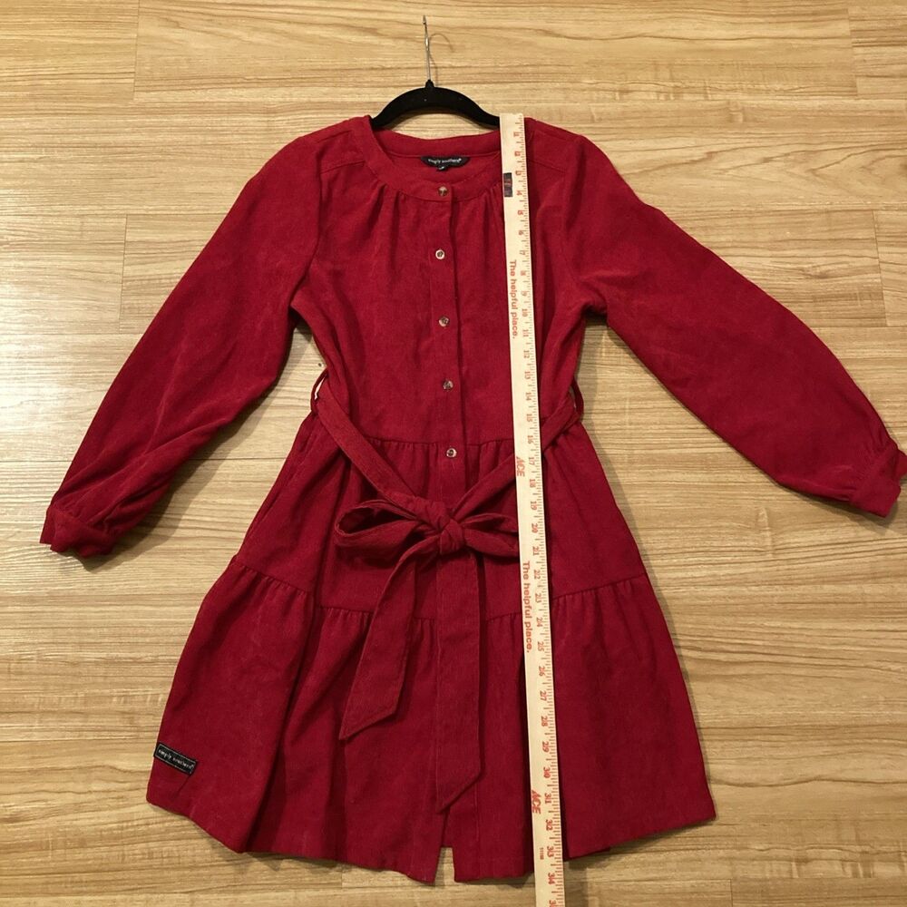 Simply Southern Womens S Red Corduroy Tiered Button Down Belted Mini Dress - Picture 4 of 9
